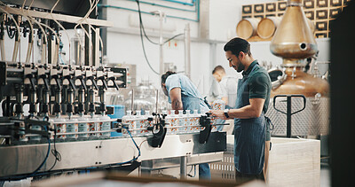 Buy stock photo Production, people or bottling on conveyor belt in distillery for alcohol manufacturing, packaging or inpsection. Assembly line, man or quality control by machine for beverage distribution in factory