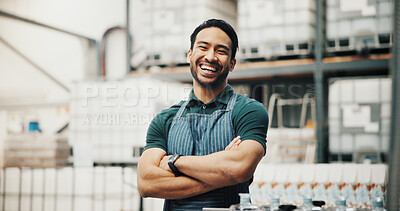 Buy stock photo Distillery, happy and portrait of man with crossed arms for alcohol production, manufacturing and distribution. Warehouse, brewery business and confident person for fermentation, aging and drinks