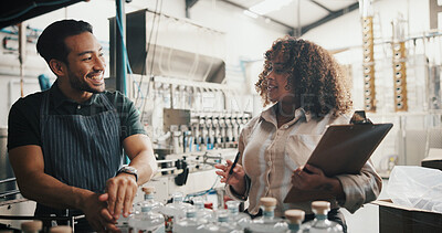 Buy stock photo Distillery, team and smile with people in factory for packaging, drink production and bottle checklist. Manufacturing, inventory and distribution with employees in warehouse for quality control