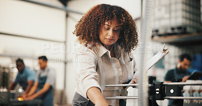 Buy stock photo Distillery, clipboard and inspection with woman in factory for packaging, assembly line and bottle checklist. Manufacturing, inventory and distribution with person in warehouse for quality control