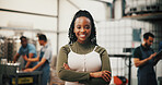 Distillery, happy and portrait of woman with crossed arms for alcohol production, manufacturing and distribution. Warehouse, brewery and confident person for fermentation, bottling and storage