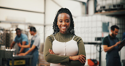 Buy stock photo Distillery, happy and portrait of woman with crossed arms for alcohol production, manufacturing and distribution. Warehouse, brewery and confident person for fermentation, bottling and storage