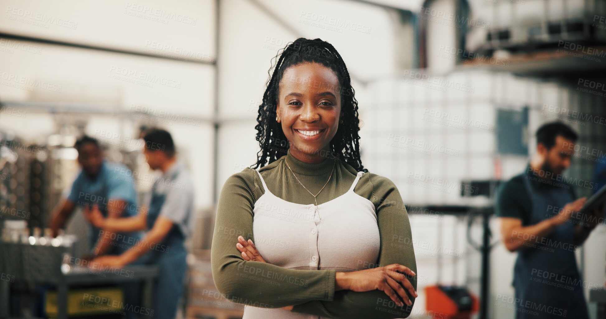 Buy stock photo Distillery, happy and portrait of woman with crossed arms for alcohol production, manufacturing and distribution. Warehouse, brewery and confident person for fermentation, bottling and storage