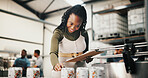 Distillery, clipboard and supply chain with woman in factory for packaging, assembly line and bottle checklist. Manufacturing, inventory and distribution with person in warehouse for quality control