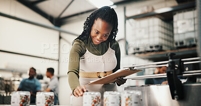 Buy stock photo Distillery, clipboard and supply chain with woman in factory for packaging, assembly line and bottle checklist. Manufacturing, inventory and distribution with person in warehouse for quality control