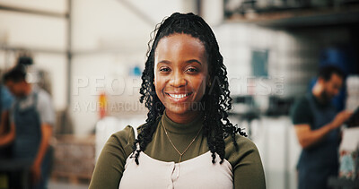 Buy stock photo Distillery, happy and portrait of woman in factory for alcohol production, manufacturing and distribution. Warehouse, industrial business and confident person for fermentation, bottling and aging