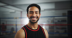 Fitness, boxer and portrait of man in gym for mma fighter, workout and training practice. Wresting challenge, martial arts club and sports with person and boxing ring for exercise and battle