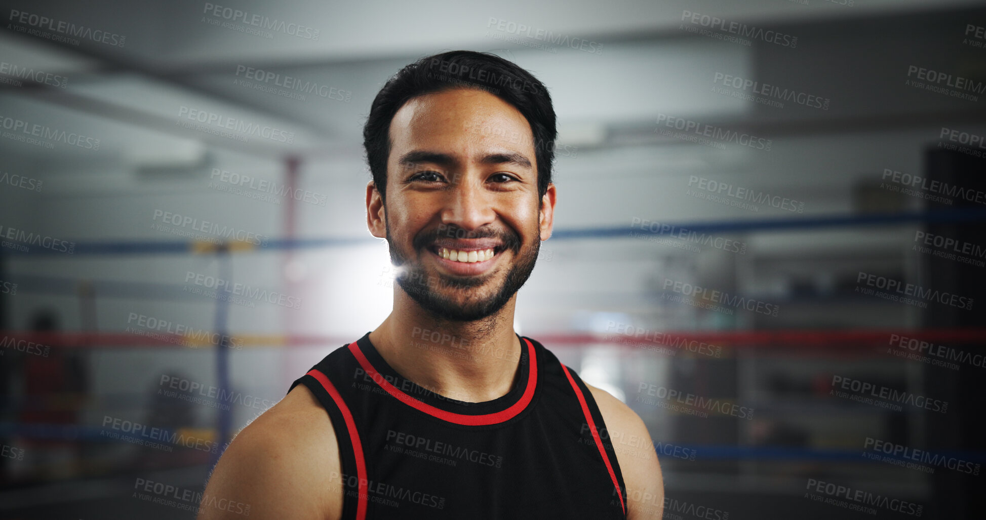 Buy stock photo Fitness, boxer and portrait of man in gym for mma fighter, workout and training practice. Wresting challenge, martial arts club and sports with person and boxing ring for exercise and battle