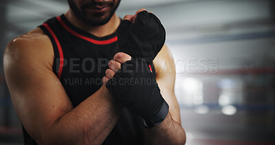 Buy stock photo Hands, wrist pain and boxer with man in gym for sports injury, mma risk or joint sprain. Wresting wound, first aid and emergency with closeup of person at wrestling ring for inflammation and fracture