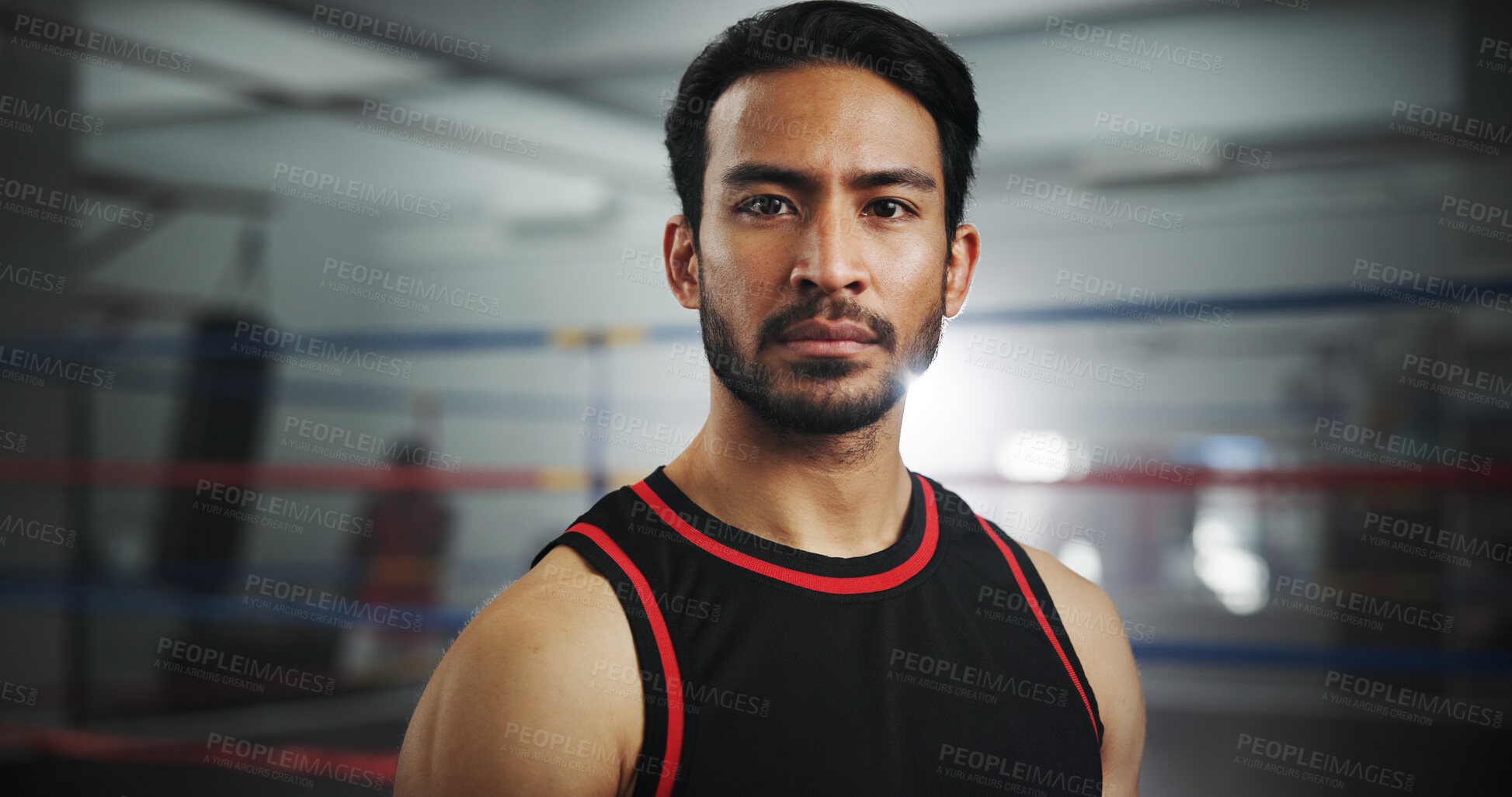 Buy stock photo Serious, boxer and portrait of man in gym for mma fighter, workout and training practice. Wresting challenge, martial arts club and sports with person and boxing ring for exercise, fitness and battle