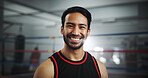 Smile, boxer and portrait of man in gym for mma fighter, workout and training practice. Wresting challenge, martial arts club and sports with person and boxing ring for exercise, fitness and battle