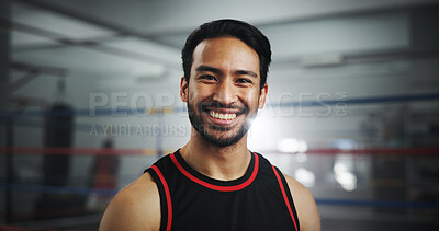 Buy stock photo Smile, boxer and portrait of man in gym for mma fighter, wrestling and training practice. Wresting challenge, martial arts club and sports with person and boxing ring for exercise, fitness and battle