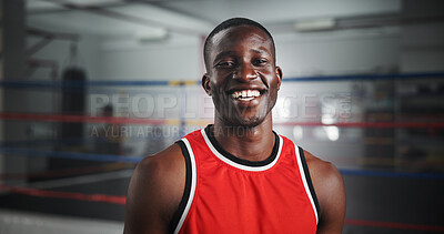Buy stock photo Training, boxer and portrait of black man in gym for mma fighter, workout and athlete practice. Wrestling challenge, martial arts club and sports with person and boxing ring for exercise and fitness