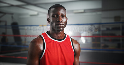 Buy stock photo Workout, boxer and portrait of black man in gym for mma fighter, training and athlete practice. Wrestling challenge, martial arts club and sports with person and boxing ring for exercise and fitness