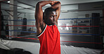 Stretching, boxer and fitness with black man in gym for mma fighter, workout or athlete practice. Wrestling warm up, martial arts club and sports with person at boxing ring for exercise and training