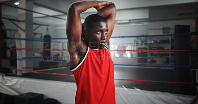 Buy stock photo Stretching, boxer and fitness with black man in gym for mma fighter, workout or athlete practice. Wrestling warm up, martial arts club and sports with person at boxing ring for exercise and training