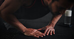 Push up, hands and exercise with man on floor for workout rep, challenge and muscle performance. Health, fitness and wellness with closeup of person in gym for training, athlete and body builder