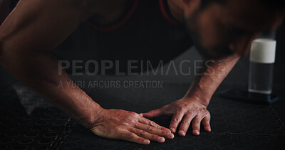 Buy stock photo Push up, hands and exercise with man on floor for workout rep, challenge and muscle performance. Health, fitness and wellness with closeup of person in gym for training, athlete and body builder