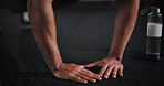 Push up, hands and fitness with man on floor for workout rep, challenge and muscle performance. Health, exercise and wellness with closeup of person in gym for training, athlete and body builder