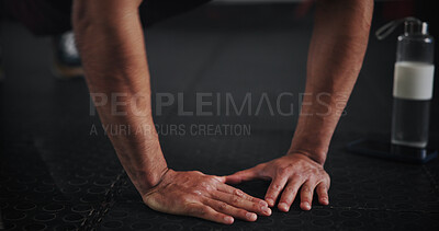 Buy stock photo Push up, hands and fitness with man on floor for workout rep, challenge and muscle performance. Health, exercise and wellness with closeup of person in gym for training, athlete and body builder