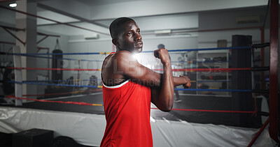 Buy stock photo Stretching, boxer and training with black man in gym for mma fighter, workout or athlete practice. Wrestling warm up, martial arts club and sports with person at boxing ring for exercise and fitness
