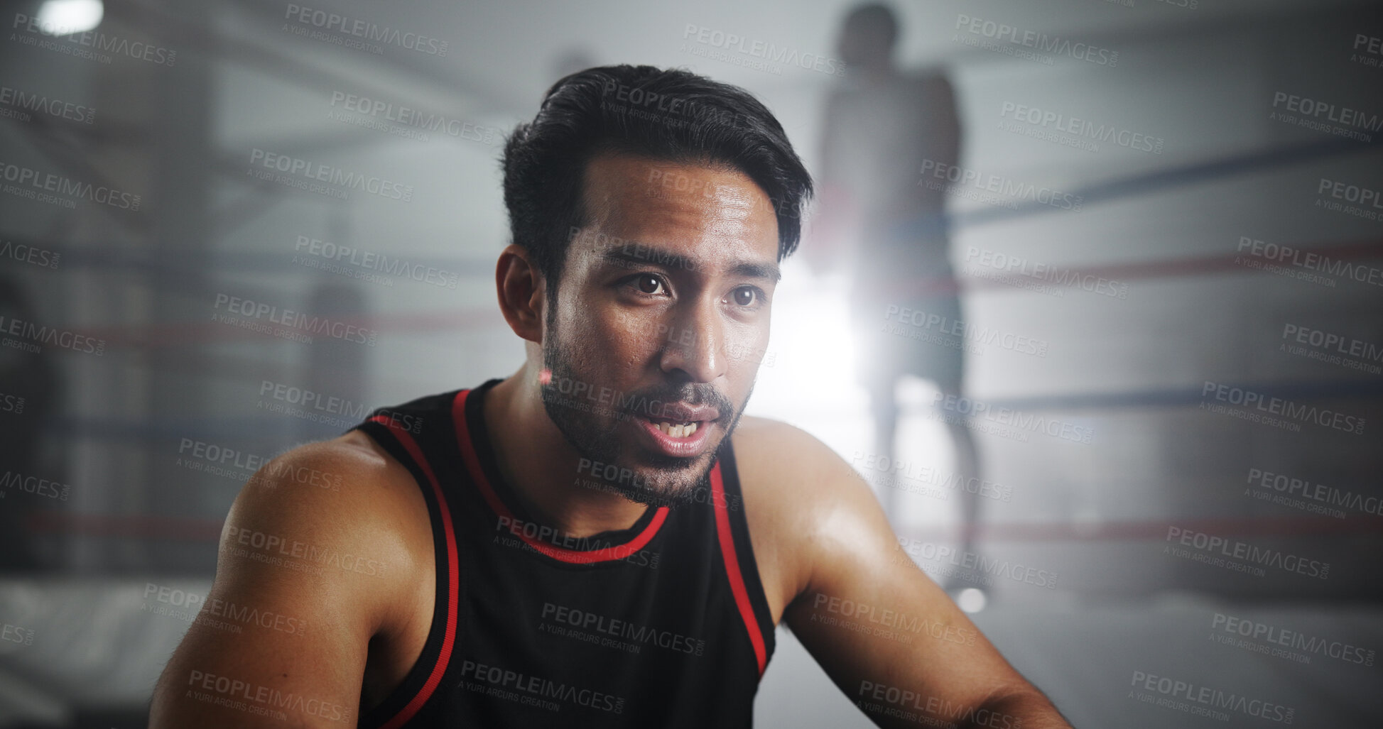 Buy stock photo Man, boxer and tired with workout in gym, intense and recovery with sweating for self defense exercise. Serious, fatigue and rest with exhausted male athlete, fitness and endurance by boxing ring