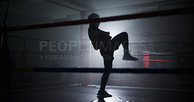 Buy stock photo Boxing, exercise and silhouette with man in ring for sparring practice, training or fitness. Mma club, wrestling challenge and martial arts fighter with person in gym for performance and self defense