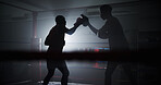 Boxing, coaching and silhouette with men in ring for sparring practice, training or fitness team. Mma club, wrestling and martial arts fighter with people in gym for personal trainer and self defense