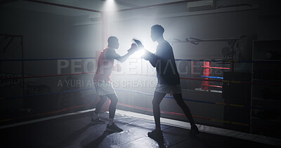 Buy stock photo Boxing, team and workout with men in ring for sparring practice, training or fitness coaching. MMA club, wrestling and martial arts fighter with people in gym for personal trainer and self defense