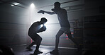 Punch, team and silhouette with men in boxing ring for sparring practice, boxer training and fitness coaching. Mma club, wrestling and martial arts fighter with people in gym for personal trainer