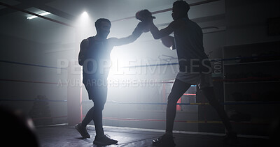 Buy stock photo Punch, teaching and sports with men in boxing ring for sparring practice, boxer training and fitness coaching. Mma club, wrestling and martial arts fighter with people in gym for personal trainer
