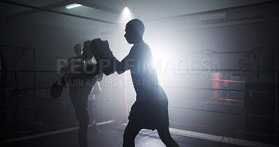 Buy stock photo Personal trainer, sports and kick with men in boxing ring for sparring practice, kickboxer training and fitness coaching. MMA club, learning and martial arts fighter with people in gym for partner