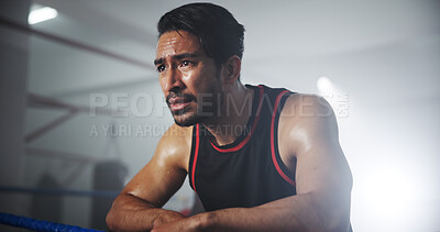 Buy stock photo Man, boxer and sweating fatigue in gym, intense and recovery with mindset for self defense exercise. Serious, tired and rest with exhausted male athlete, fitness and endurance workout in boxing ring