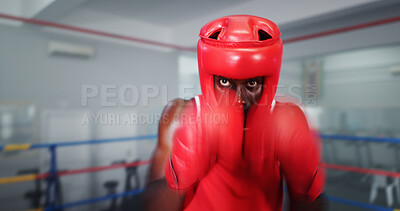 Buy stock photo Boxing, training and man at gym for exercise, intense fight or combat skills with sports motion blur. Self defense, action or energy with portrait of serious boxer, challenge and practice for match 
