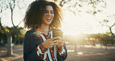 Buy stock photo Business, funny and woman with cellphone, outdoor and message to contact, online humor and app. Happy person, laughing and employee with smartphone, social media and communication with joke and meme