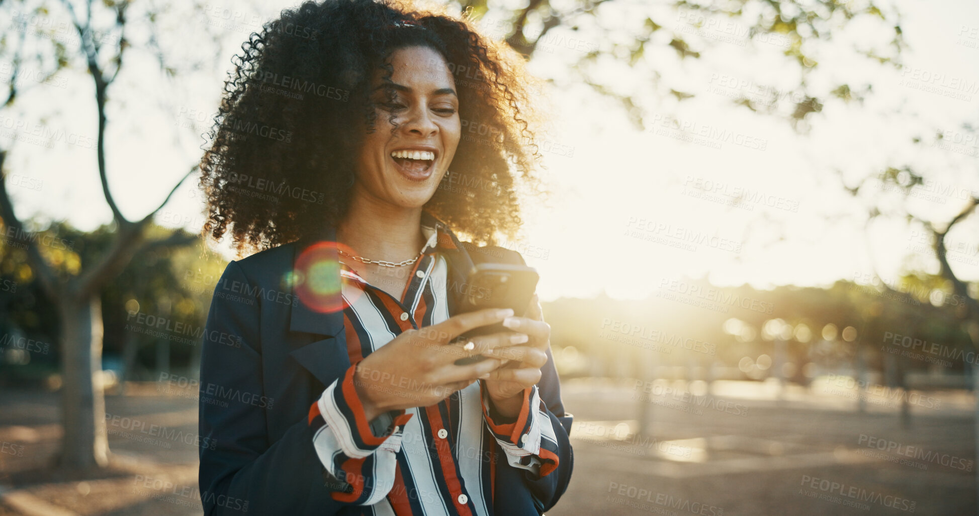 Buy stock photo Business, funny and woman with cellphone, outdoor and message to contact, online humor and app. Happy person, laughing and employee with smartphone, social media and communication with joke and meme