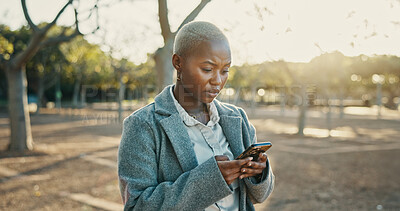 Buy stock photo Business, serious and black woman in city, smartphone and mistake with error 404. African person, outdoor and employee with cellphone, communication and email with online chatting and slow network