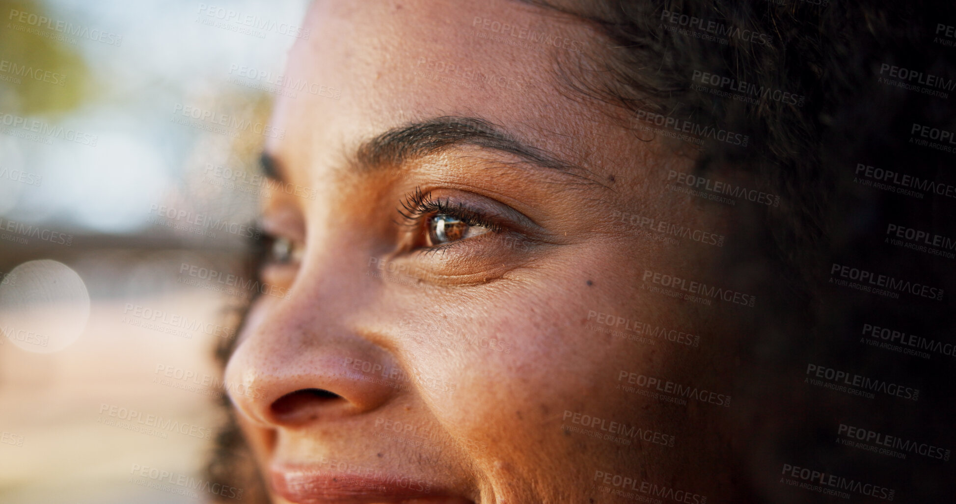 Buy stock photo Woman, face and eyes for vision in city, inspiration or solution with ideas, thinking or mindset. Reflection, memory and remember with closeup for perspective, future and contemplating outdoor