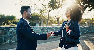 Buy stock photo Business people, city and handshake with meeting for partnership, greeting or introduction. Businessman, woman or colleagues shaking hands with smile at outdoor park for opportunity in an urban town