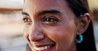 Buy stock photo Woman, face and closeup for thinking in city, inspiration or solution with ideas outdoor, vision or future. Reflection, memory and remember with eyes for perspective, wonder and contemplating in road