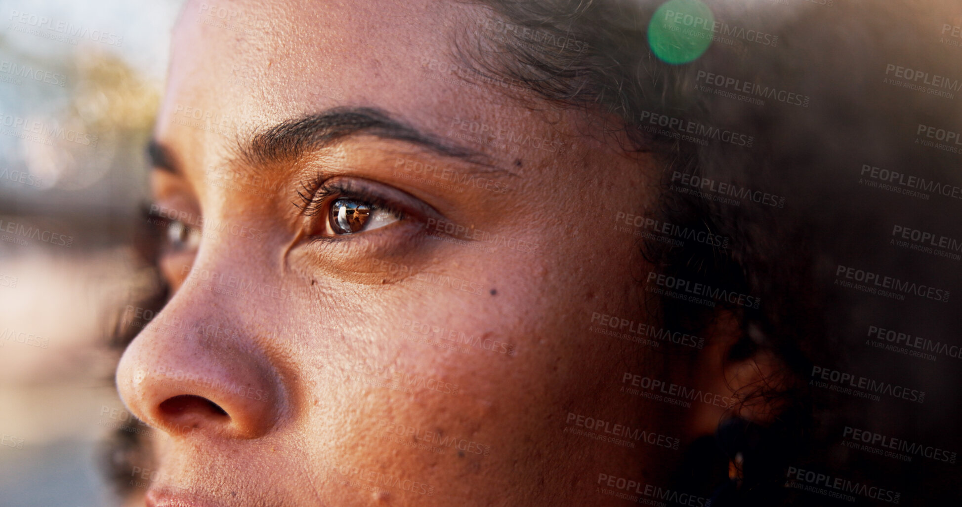 Buy stock photo Woman, face and eyes for thinking in city, inspiration or solution with ideas, vision or mindset. Reflection, memory and remember with closeup for perspective, future and contemplating outdoor