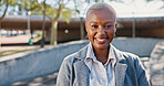 Portrait, business and black woman in city, smile and confident personality with financial advisor. African person, outdoor or happy employee with break, morning commute or career ambition with pride