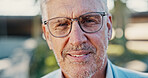 Mature, businessman and glasses in portrait outdoor, vision or eye care with health and prescription lens. Eyewear, spectacles and eyesight with ophthalmology, professional person and designer frame