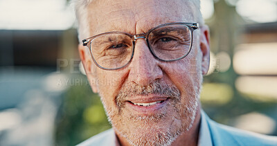 Buy stock photo Mature, businessman and glasses in portrait outdoor, vision or eye care with health and prescription lens. Eyewear, spectacles and eyesight with ophthalmology, professional person and designer frame