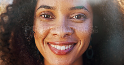 Buy stock photo Woman, dental results and portrait with smile in closeup for oral hygiene, healthcare and gum health. Happy, person and client with confidence for cosmetic, teeth whitening or treatment satisfaction
