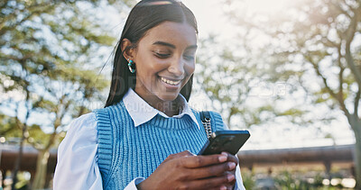 Buy stock photo Business, funny and woman with smartphone, outdoor and smile with connection, meme and humor. Happy person, internet and employee in city, cellphone and digital app for online chatting, joke or email