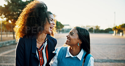 Buy stock photo Business women, city and funny team with joke, comedy and story on morning commute. Friends, workers and laugh at conversation outdoor for humor, share gossip and communication for travel together
