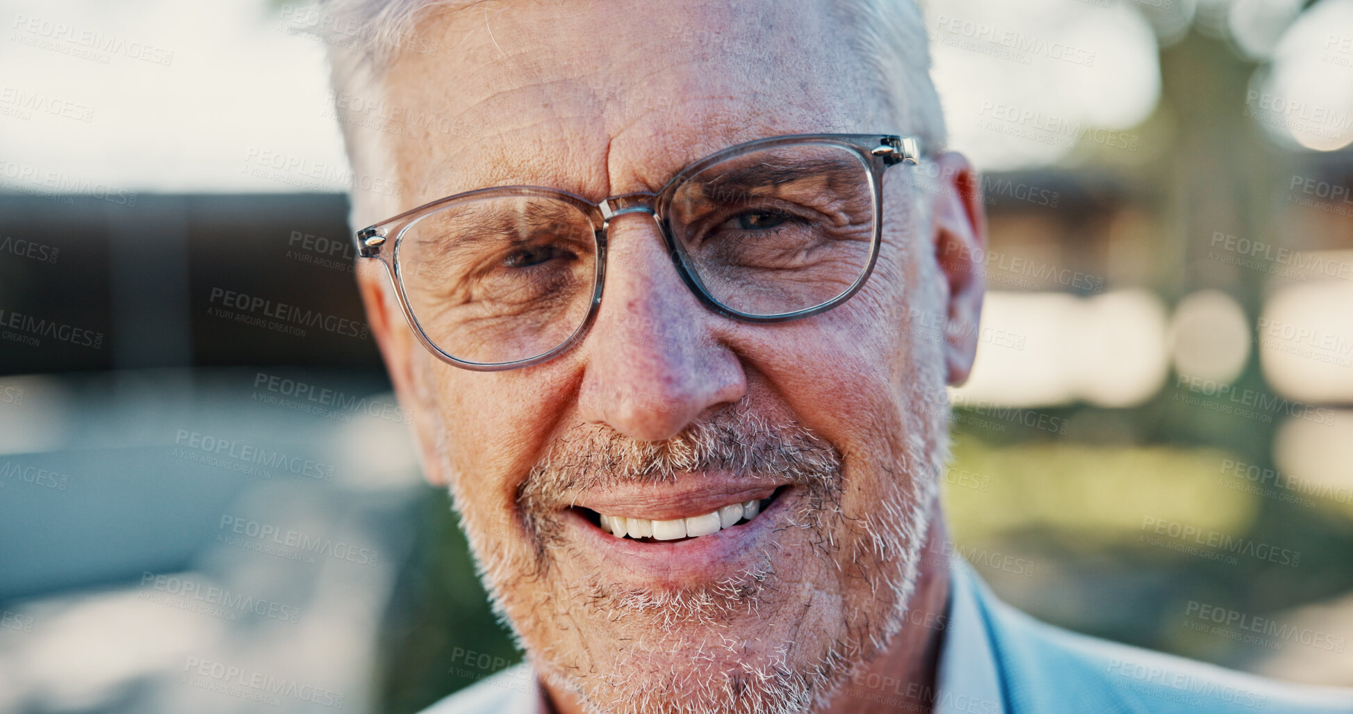 Buy stock photo Mature, businessman and glasses in portrait in city, vision or eye care with health and prescription lens. Eyewear, spectacles and eyesight with ophthalmology, professional person and frame outdoor