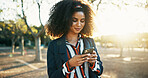 Business, typing and woman with cellphone, outdoor and message to contact, connection and morning. Happy person, internet or employee with smartphone, social media and communication with digital app