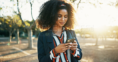 Buy stock photo Business, typing and woman with cellphone, outdoor and message to contact, connection and morning. Happy person, internet or employee with smartphone, social media and communication with digital app